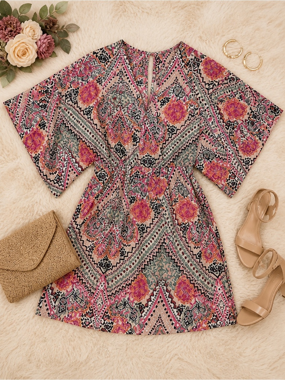Maeve by Anthropologie Plus Size Pink & Blue Paisley Floral Dress with Open Back